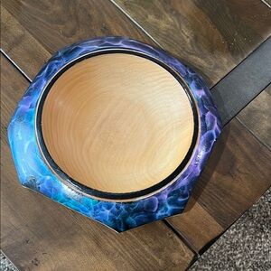 Handcrafted Wooden Bowl with Blue and Purple Accents